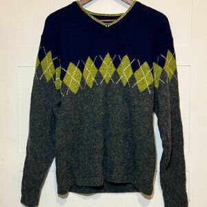UNIONBAY Men's Medium/Large 92% Wool V-Neck Argyle Sweater Preppy Winter Retro